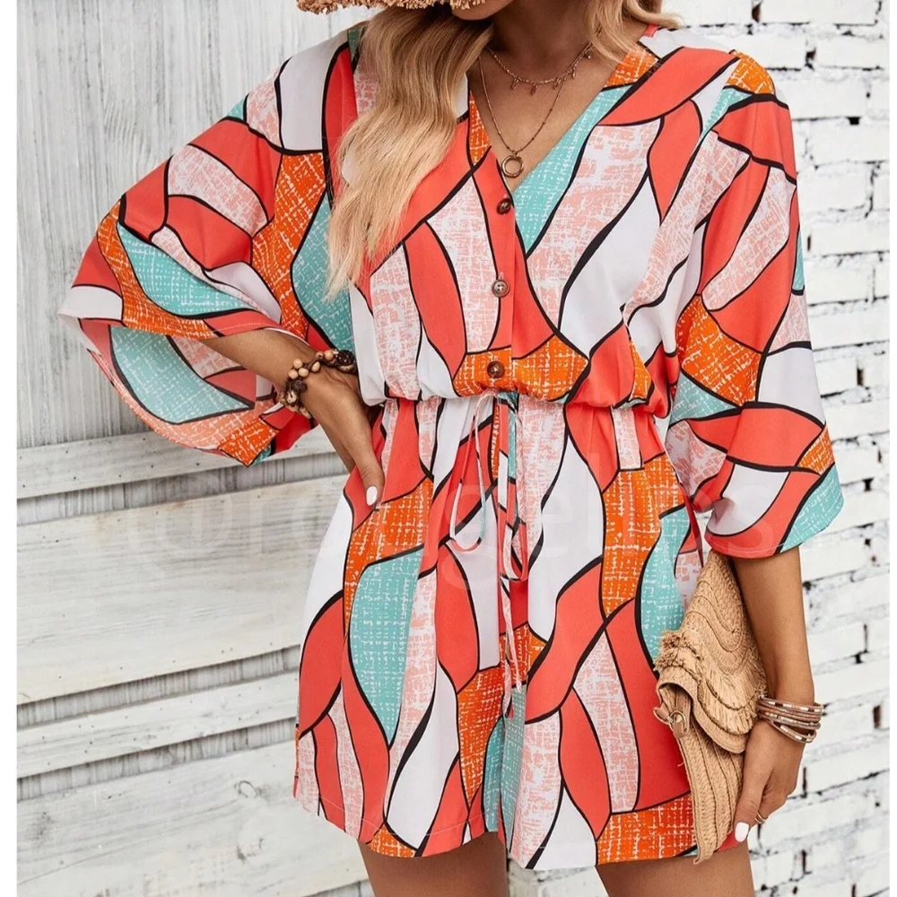 Abstract Print Button Front V-Neck Batwing Sleeve Short Romper - Picture 1 of 9